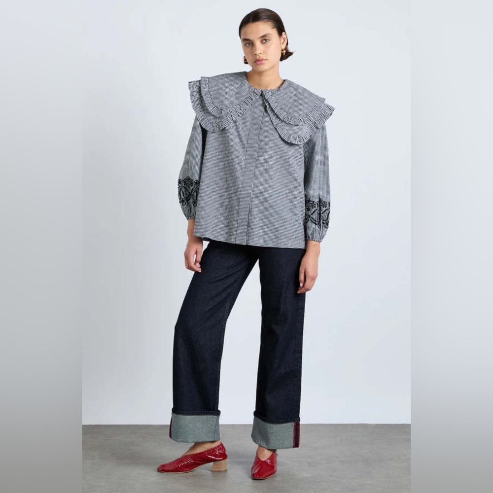 Damson Madder Black White Gingham Collar Blouse Top with Black Embroidery